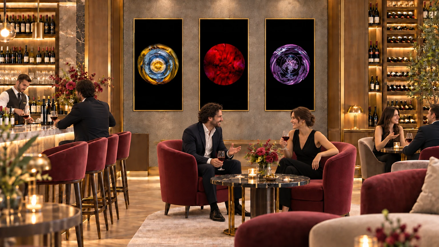 Patrick Desgraupes’ VAT Collection on three displays in a wine bar