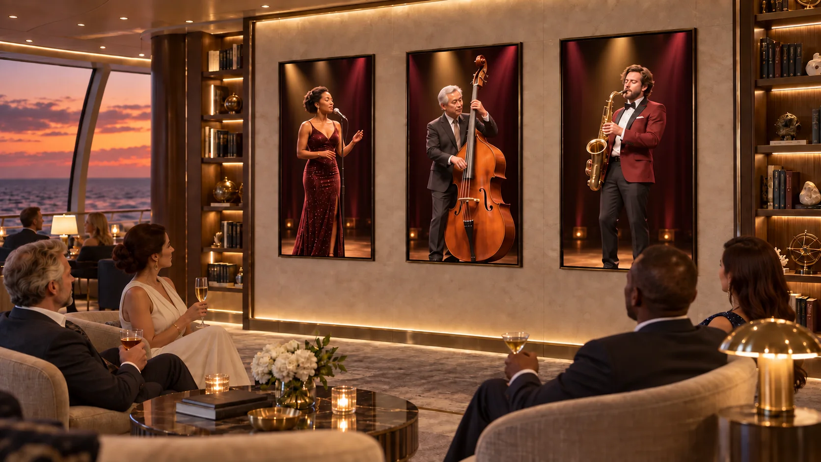Warm sunset light, cocktails and a virtual jazz trio create an elegant lounge atmosphere.