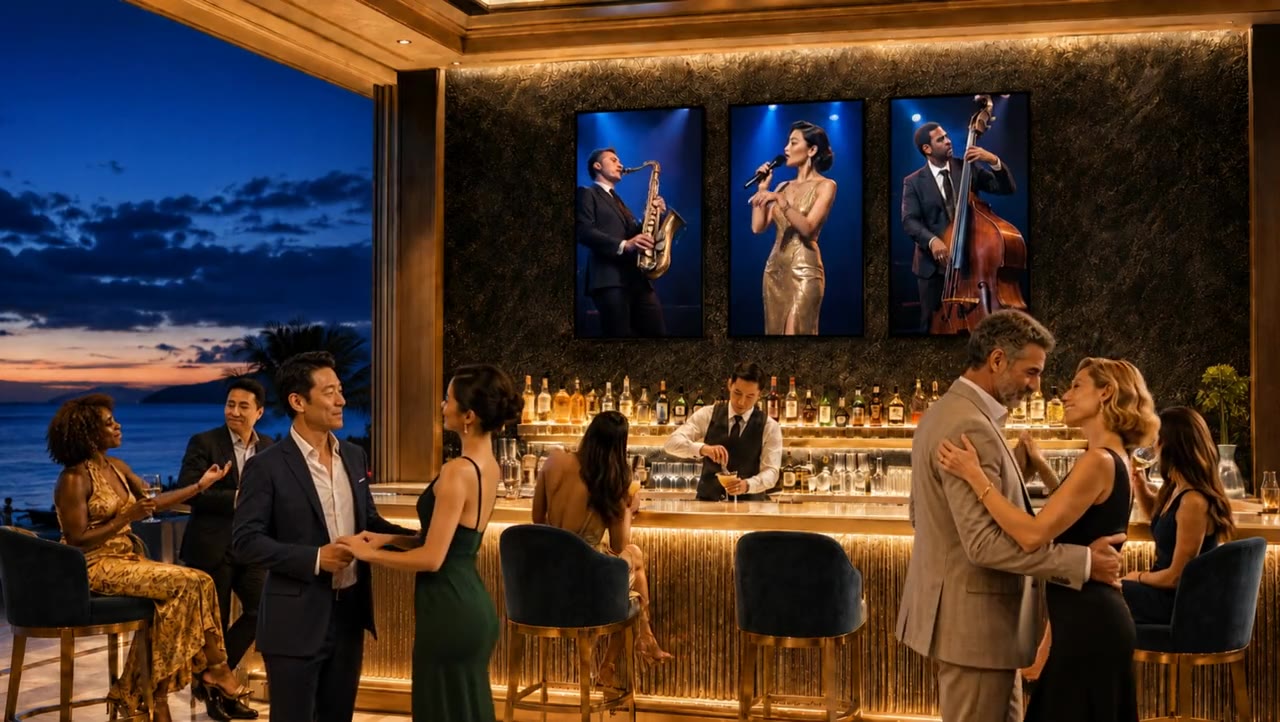 Virtual musicians in a hotel bar
