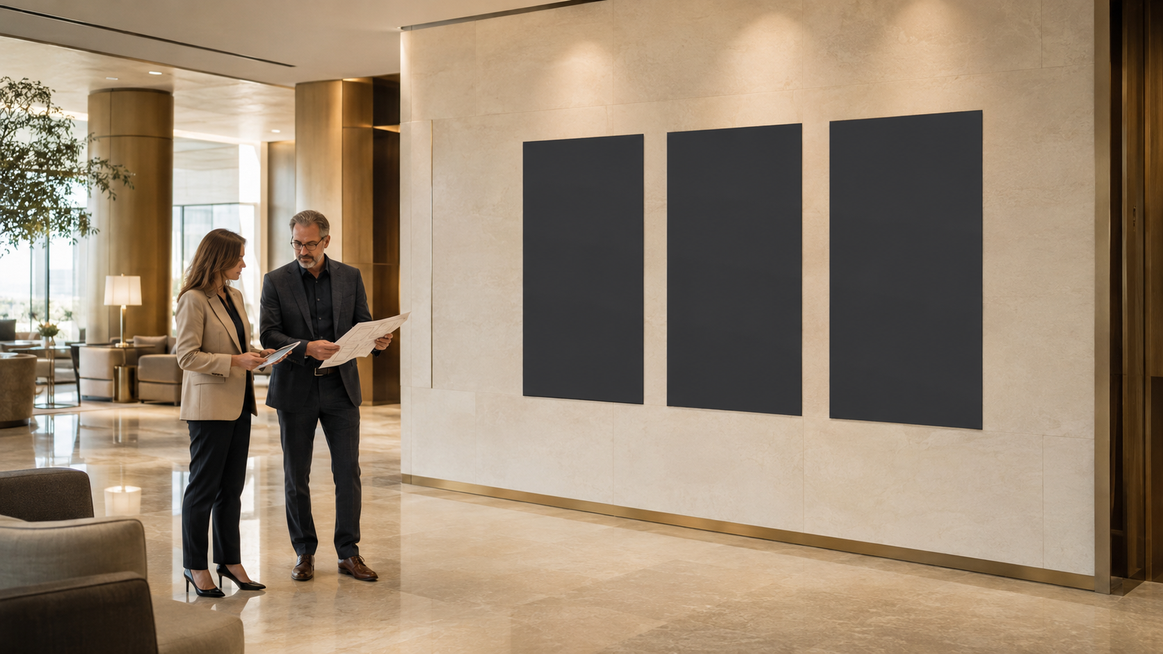 Hotel manager and interior architect planning a three-display SFERIA installation
