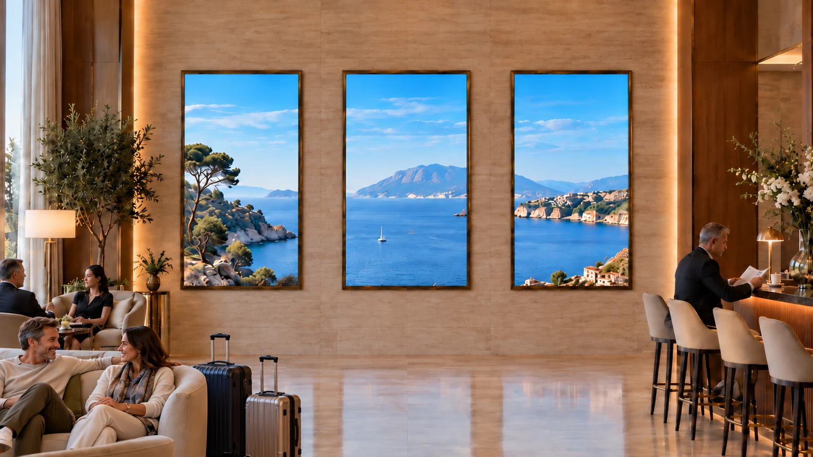Living panoramas and digital art create room to unwind.
