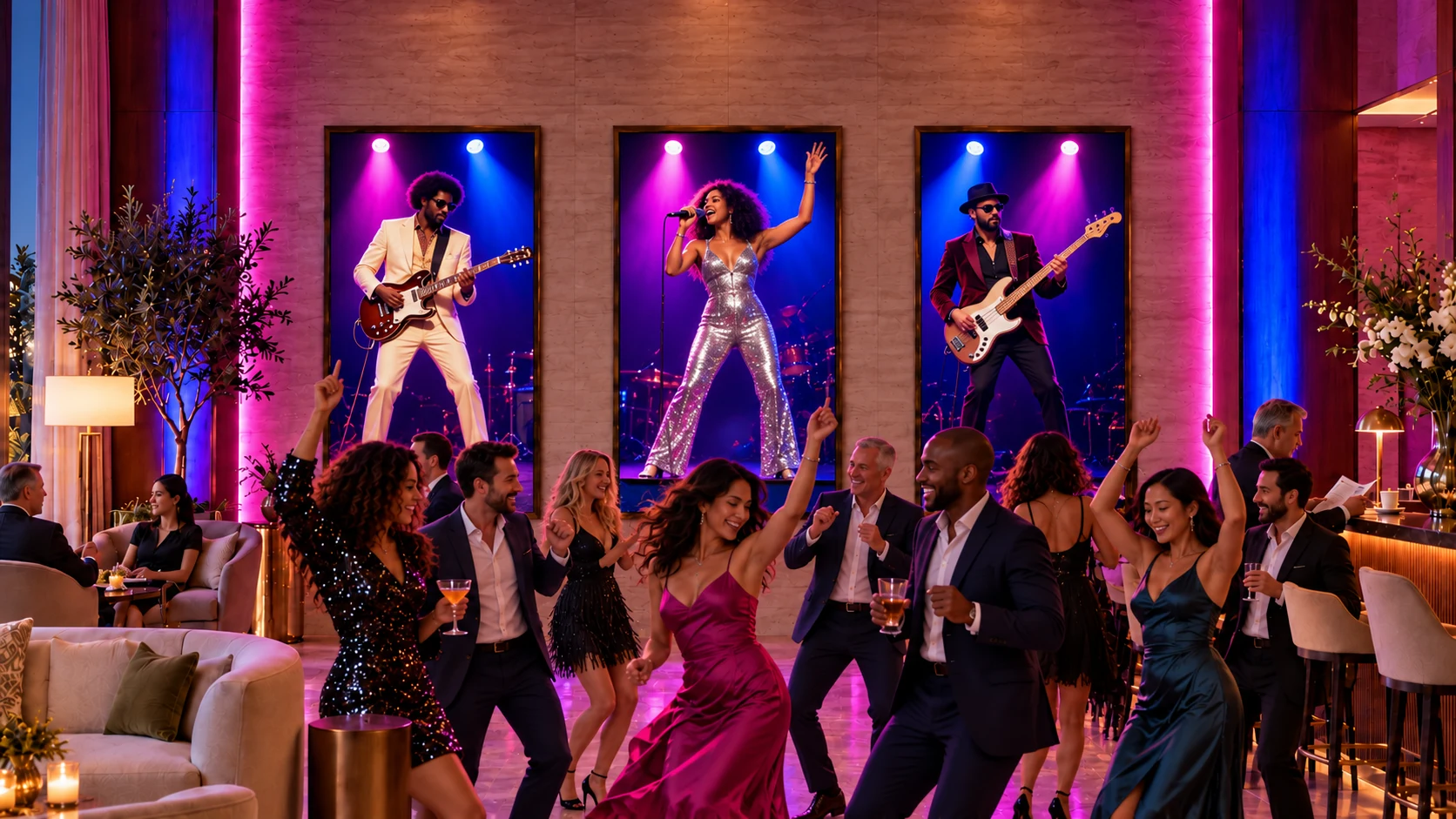 An upbeat virtual band brings energy to the room and invites guests to dance.