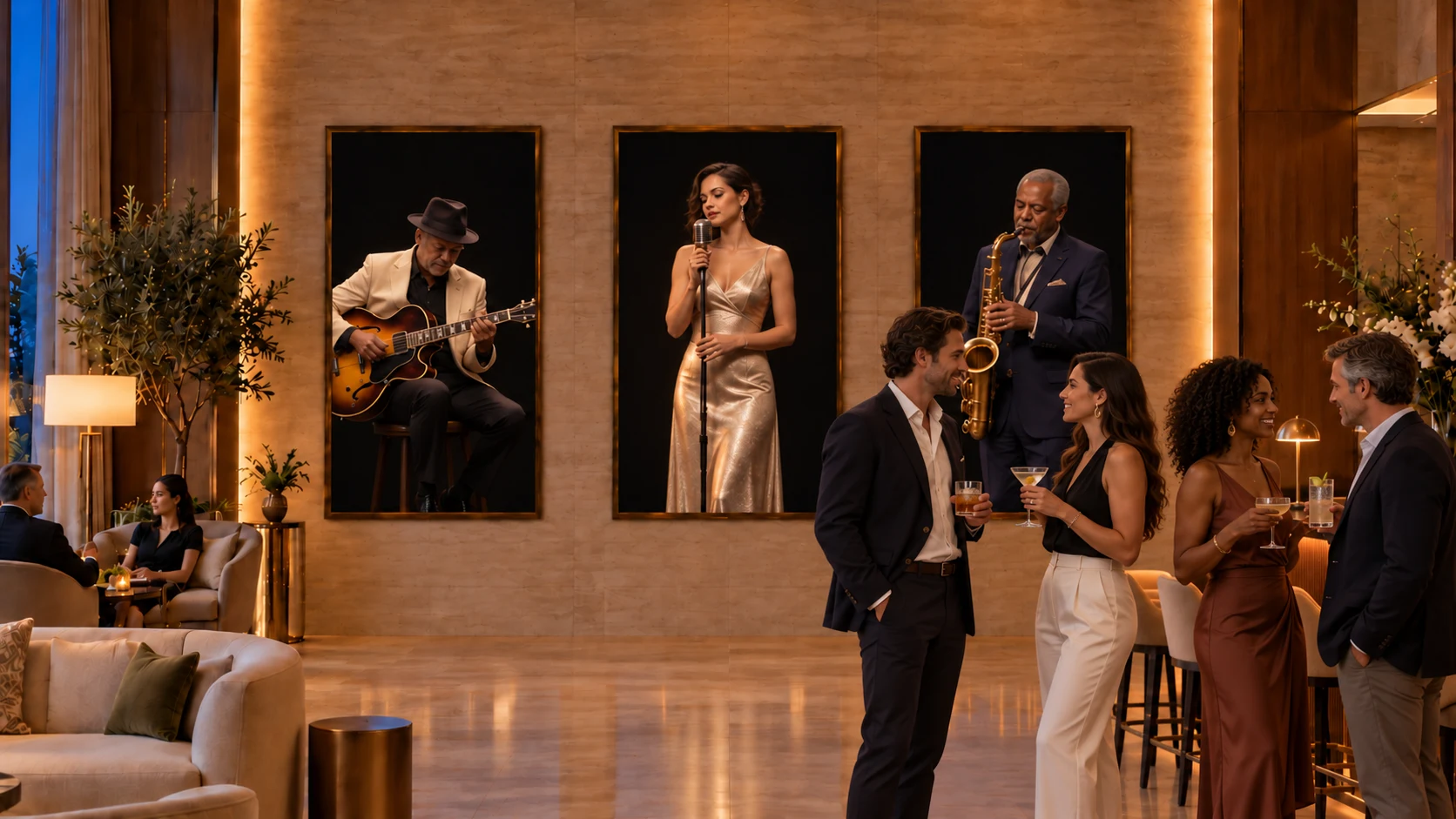 Life-size virtual musicians set the tone for drinks and conversation.