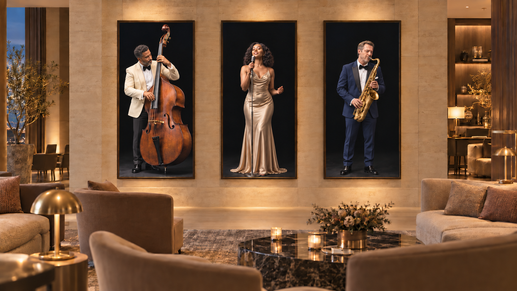 Life-size jazz trio on three separate portrait displays in a hotel lounge
