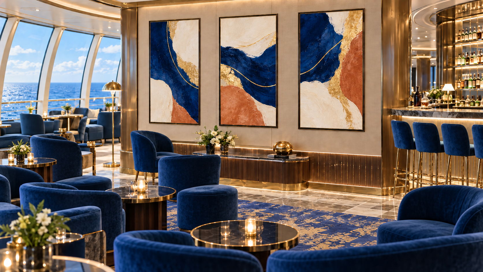 Digital art in a lounge with three synchronized displays